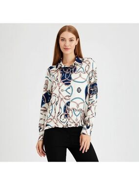 Natural Silk White & Blue Chain Print Button Down Shirt 4XL NWT
